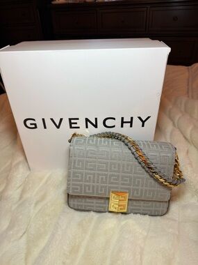 Givenchy Gray Embossed Logo Chain Shoulder Bag with Gold Hardware